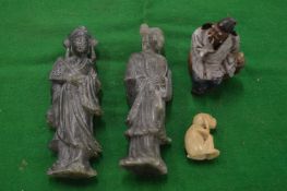 Two Chinese soap stone carvings and other items.