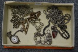 Ladies silver cased watch and various watch chains.