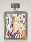 A VICTORIAN STYLE WHITE METAL SCENT BOTTLE WITH AN AMERICAN GLAMOUR MODEL, 7 cm.