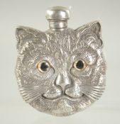 A SOLID SILVER CAT FACE PERFUME BOTTLE, 5cm diameter.
