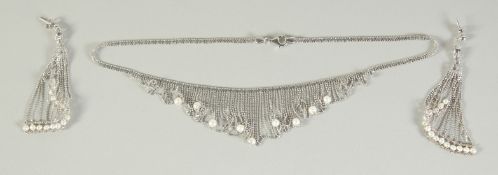 A SILVER AND PEARL CHANDELIER EARRINGS AND NECKLACE.