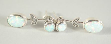 A PAIR OF SILVER AND OPAL LONG DROP EARRINGS.