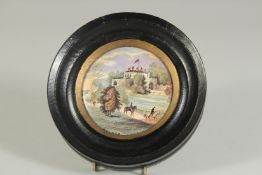 A PORCELAIN POT LID, WALMER CASTLE WITH THE DUKE OF WELLINGTON 4ins diameter. Framed