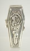 A NOVELTY WHITE METAL COFFIN VESTA, 5.5 cm long.