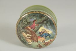 A POMADE POT AND LID, THE BOAR HUNT, 3.5ins diameter.