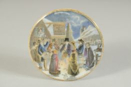 A PORCELAIN POT LID, CHRISTMAS EVE 2.75ins diameter