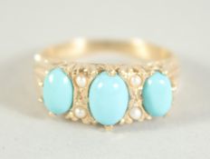 A 9CT. GOLD VICTORIAN STYLE TURQUOISE AND PEARL RING.