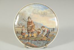 A PORCELAIN POT LID, THE SHRIMPERS 4ins diameter. small chip on base