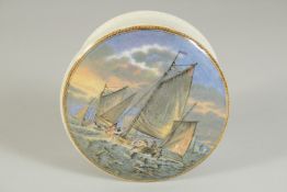 A POMADE POT AND LID, HAULING THE TRAWL. 4ins diameter.