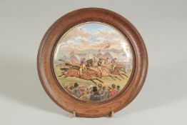 A PORCELAIN POT LID, A RACE OR DERBY DAY, 4ins diameter, framed.