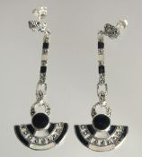 A PAIR OF SILVER ART DECO DESIGN ONYX AND OPAL DROP EARRINGS.