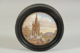 A PORCELAIN POT LID, ALBERT MEMORIAL 4ins diameter. Framed