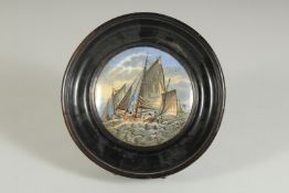 A PORCELAIN POT LID, HAULING THE TRAWL, 4ins diameter, framed.