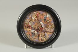 A PORCELAIN POT LID, THE SEVEN AGES OF MAN. AS YOU LIKE IT ACT II 3.75ins diameter. Framed
