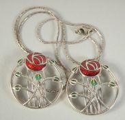 A SILVER AND ENAMEL CELTIC ROSE NECKLACE AND BROOCH.