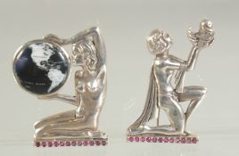 TWO SILVER ART DECO LADY BROOCHES.