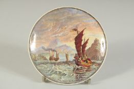 A PORCELAIN POT LID, THE NING PO RIVER 4ins diameter