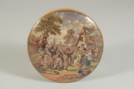 A POMADE POT AND LID, THE VILLAGE WEDDING TENIER PINX, 4ins diameter.