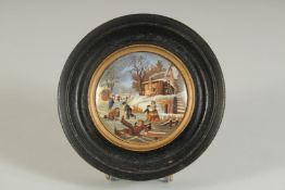 A PORCELAIN POT LID, DANGEROUS SKATING from Jesse Austin drawing 2.75ins diameter. Framed