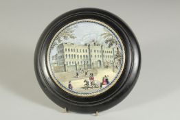 A PORCELAIN POT LID, BUCKINGHAM PALACE KIRKHAMS LTD. 5ins diameter, framed.