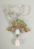 A SILVER OPAL PEARL AND PIQUE ENAMEL DRAGONFLY NECKLACE.