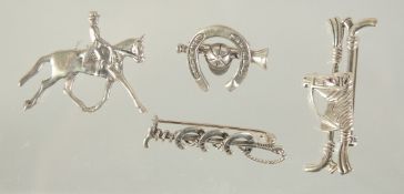FOUR SILVER NOVELTY HUNTING STICK PINS.