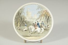 A PORCELAIN POT LID, WINDSOR CASTLE and hare coursing 5ins diameter