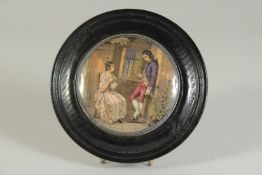 A PORCELAIN POT LID, THAT NO JEALOUS ROGUE SHALL LEAVE ME TO SCORN 4ins diameter. Framed