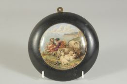 A PORCELAIN POT LID, PEACE AFTER LANDSEER 4ins diameter. Base chipped