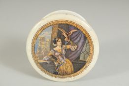 A POMADE POT AND LID, LADY WITH HAWK, 3.25ins diameter.