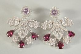 A PAIR OF SILVER AND AMETHYST TOURMALINE AND QUARTZ EARRINGS.