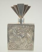 A SOLID SILVER ART DECO PERFUME BOTTLE, 8cm.
