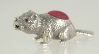 A CAST SILVER NOVELTY BEAVER PIN CUSHION.