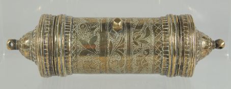 A 19TH CENTURY INDIAN ENGRAVED BRASS CYLINDRICAL CONTAINER, 17cm long.