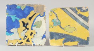 TWO 17TH-18TH CENTURY PERSIAN SAFAVID POTTERY TILES, 21.5cm square and 20.5cm x 20cm, (2).