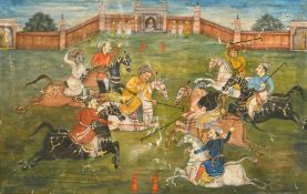 19th Century Indian School, a watercolour of men on horses playing polo, script verso, a page from a
