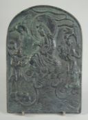 A CHINESE RELIEF BRONZE PLAQUE, depicting Guanyin and attendants, 16cm x 11cm.