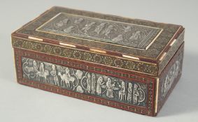 A PERSIAN SHIRAZ SILVER PANELLED MICRO MOSAIC INLAID BOX, the panels embossed and chased with