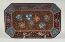 A FINE JAPANESE CLOISONNE ENAMELLED DISH, decorated with floral motifs, 22.5cm x 14cm.