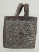 A 17TH-18TH CENTURY OTTOMAN BALKANS WHITE METAL INLAID LEATHER CARTRIDGE CASE.