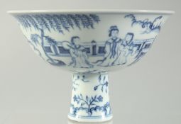 A CHINESE BLUE AND WHITE PORCELAIN PEDESTAL BOWL, painted with female figures in a garden, six-
