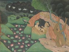 AN INDIAN MINIATURE PAINTING ON PAPER, depicting a sheltered couple in a landscape scene with a