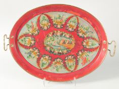 A LARGE 19TH CENTURY OTTOMAN TURKISH PAINTED METAL TRAY, painted with decorative panels and flora,