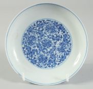 A CHINESE BLUE AND WHITE PORCELAIN DISH, with fine foliate decoration and six-character mark to