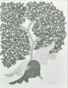 RAM SINGH URVETI (B. 1970) INDIAN GOND ARTIST, a bird beneath a tree, ink on paper, signed, 14