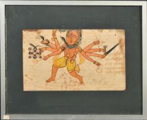 AN 18TH-19TH CENTURY INDIAN PAINTING OF KALI, framed and glazed, image 13cm x 21.5cm.