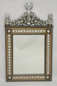 A FINE AND LARGE ISLAMIC TURKISH SHELL INLAID MIXED WOOD MIRROR, with decorative parquetry frame and