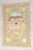 A 20TH CENTURY OTTOMAN PAINTED TEXTILE, depicting Mecca with calligraphic border, 156cm x 85cm.