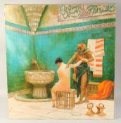 A 20TH CENTURY TURKISH PAINTING; depicting a bathing female, oil on canvass, 70cm x 65cm.