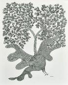 RAM SINGH URVETI (B. 1970) INDIAN GOND ARTIST, a bird beneath a tree, ink on paper, signed, 14